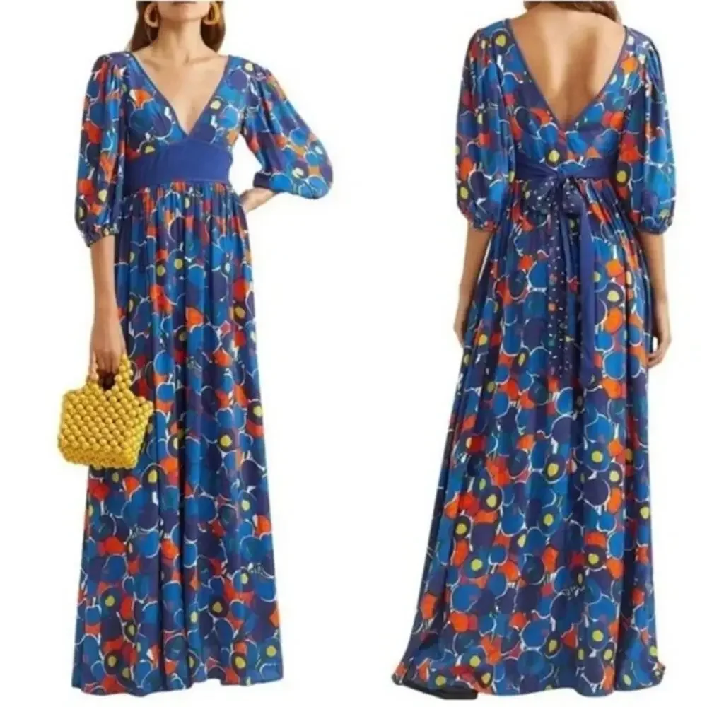 STAUD Affogato Maxi Dress V-Neck Balloon Sleeve Fruit Print Belted, Blue NWT - Picture 4 of 16